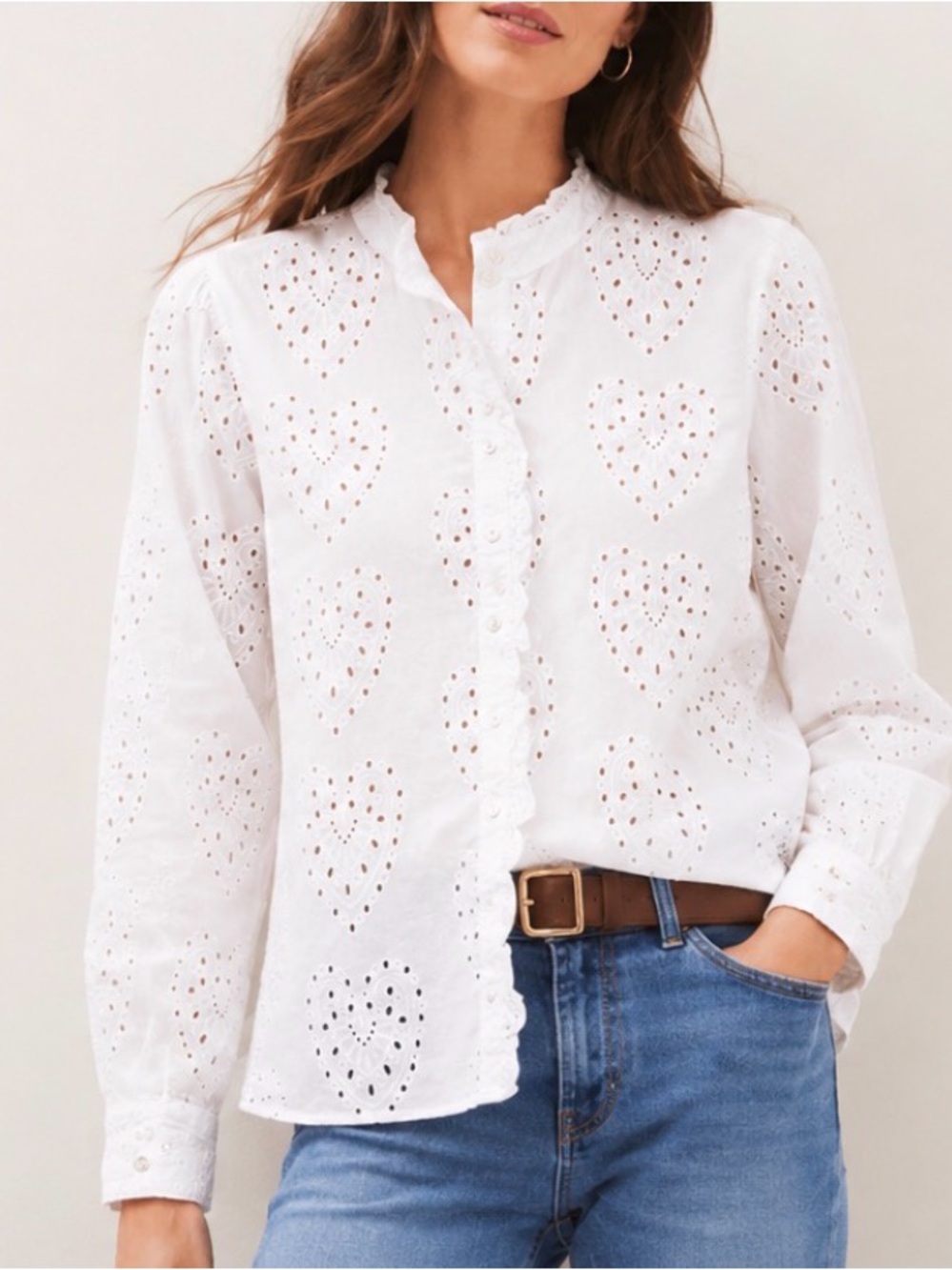 Boden Womens Heart Eyelet Broderie Anglaise Cotton Blouse Ruffle Top Size 6